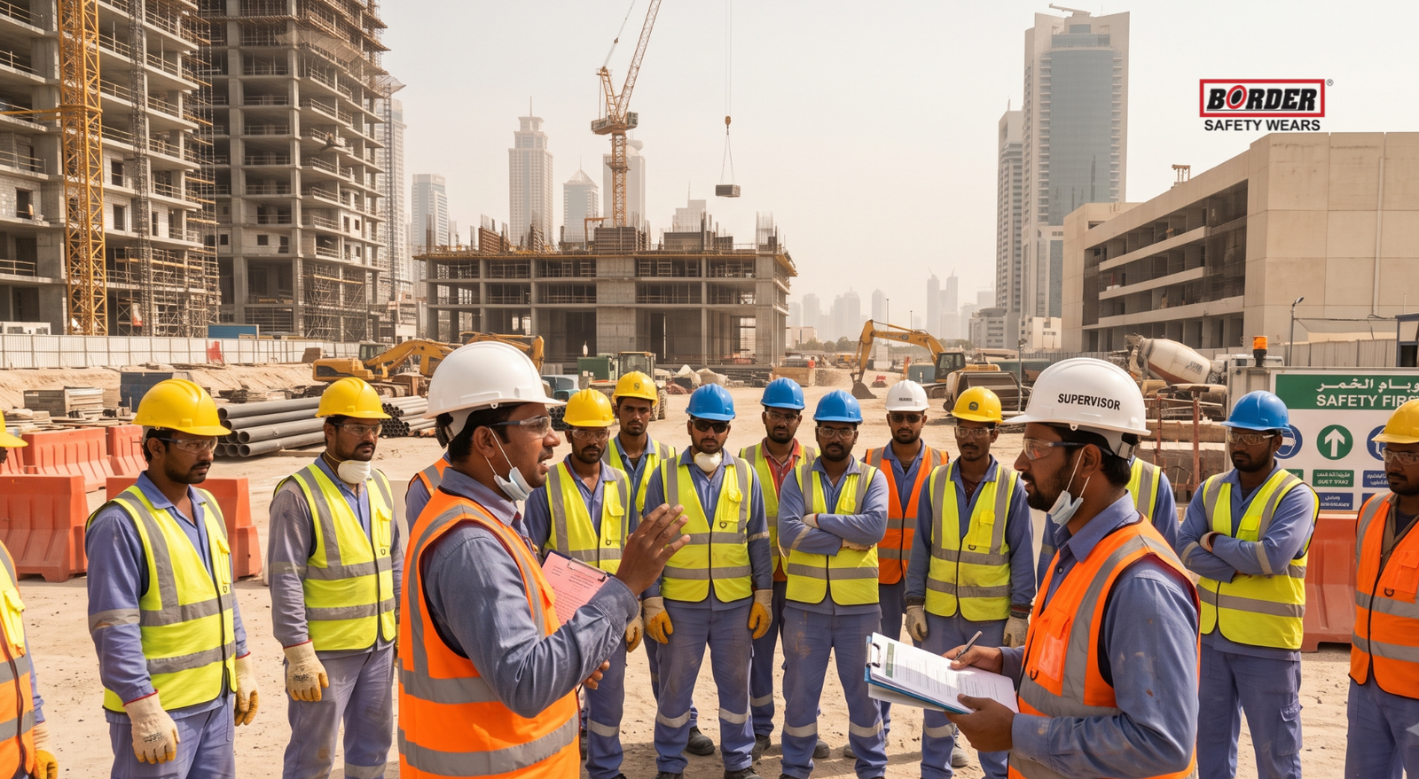 Site manager conducting safety briefing with construction crew on UAE project
