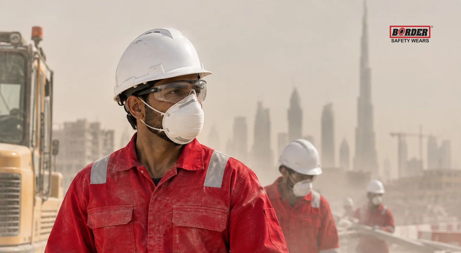 UAE outdoor workers wearing respiratory protection and goggles during sandstorm conditions